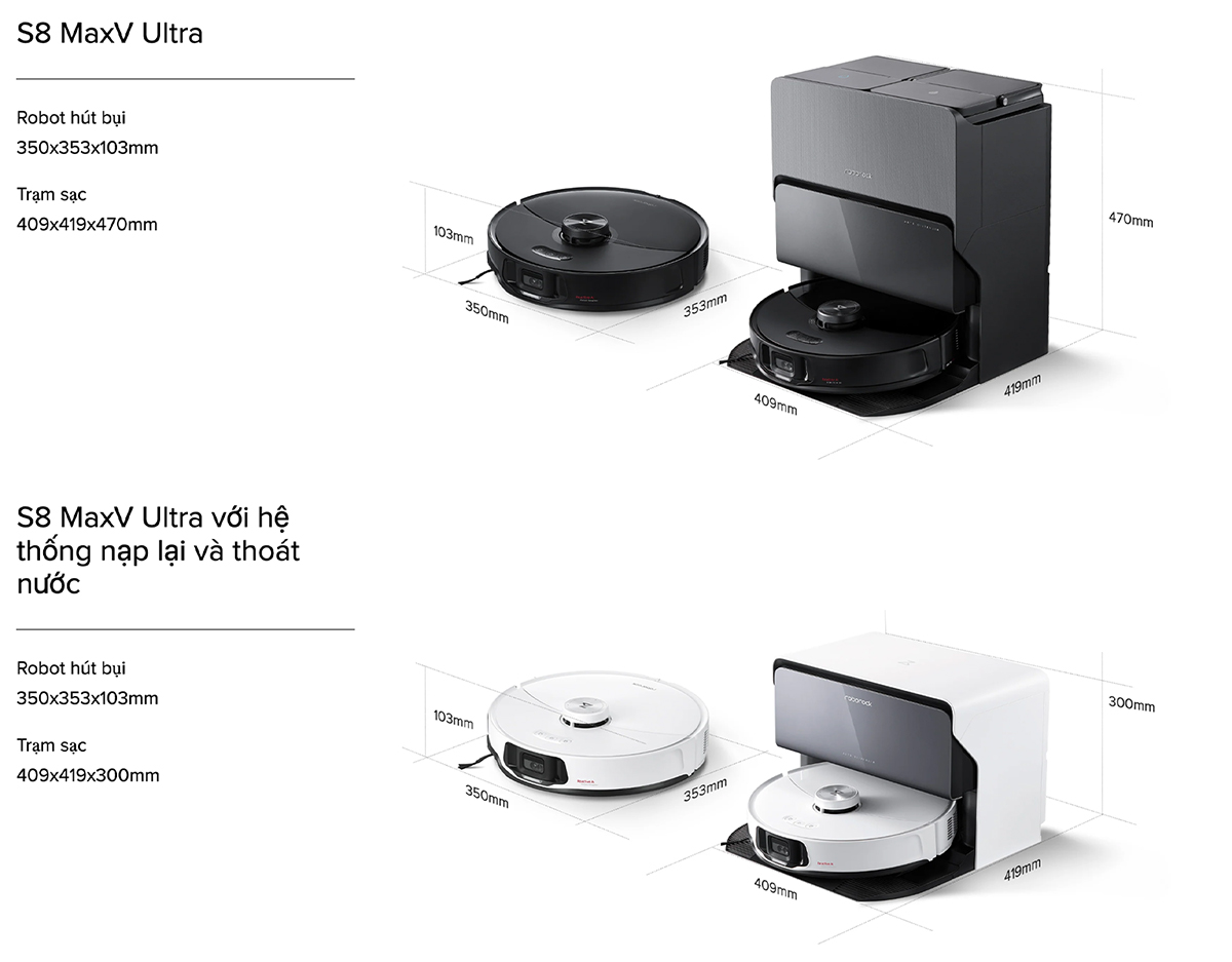 Kích thước Roborock S8 MaxV Ultra