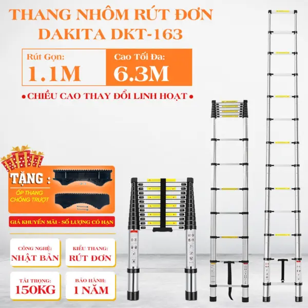 Thang Nhôm Rút Đơn DAKITA DKT-163 [Cao tối đa 6.3m]