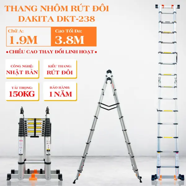 Thang Rút Đôi Chữ A DAKITA DKT-238 [Chữ A: 1.9m Duỗi 3.8m]