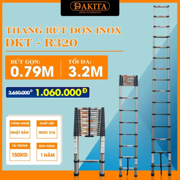 Thang Inox Rút Đơn DAKITA R-320 (3.2M) [NHỎ GỌN - TẢI TRỌNG LỚN]
