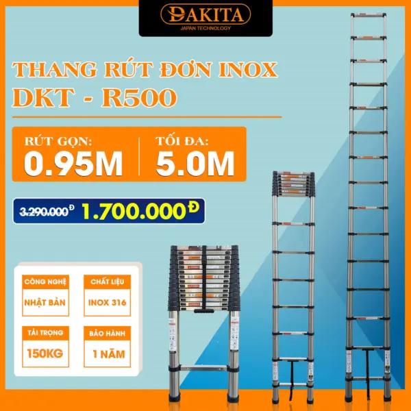 Thang Inox Rút Đơn DAKITA R-500 (5.0M) [NHỎ GỌN - TẢI TRỌNG LỚN]