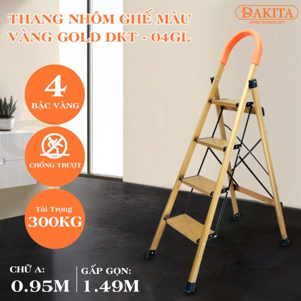 [NHÔM 100% NHẸ VÀ CỨNG] Thang nhôm ghế DAKITA GOLD DKT-04GL – Chữ A 0.95m [NHẸ - CỨNG]