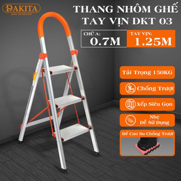 Thang nhôm ghế DAKITA DKT03 – Chữ A 0.7m [NHẸ - DỄ XÀI - BẬC THANG TO]