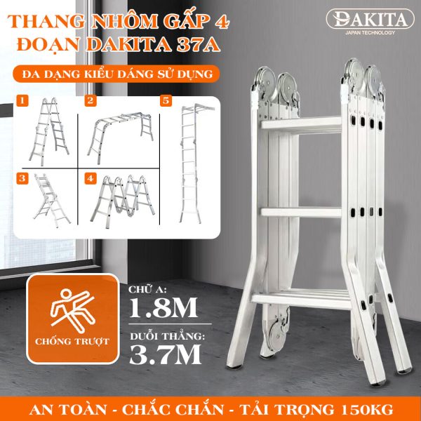DKT-37A (Chữ A 1.8m). Thang Nhôm Gấp 4 Đoạn DAKITA [THANG TỐT GIÁ RẺ NHẤT]