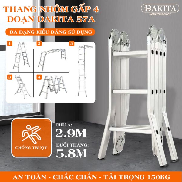 DKT-57A (Chữ A 2.9m). Thang Nhôm Gấp 4 Đoạn DAKITA [THANG TỐT GIÁ RẺ NHẤT]