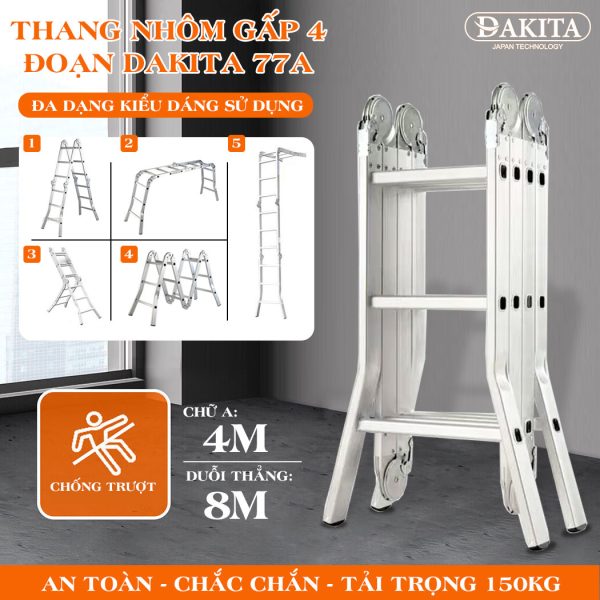 DKT-77A (Chữ A 4m). Thang Nhôm Gấp 4 Đoạn DAKITA [THANG TỐT GIÁ RẺ NHẤT]