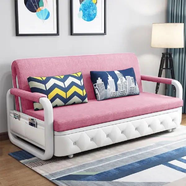 Sofa Giường Thông Minh Loại Vải Màu Hồng Nệm Xơ Dừa Hộc Tủ Gỗ