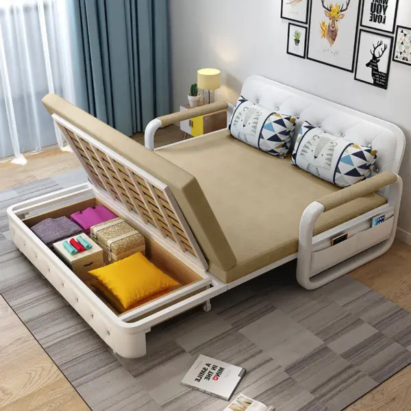 Sofa Giường Thông Minh Loại Vải Màu Kem Nệm Xơ Dừa Hộc Tủ Gỗ