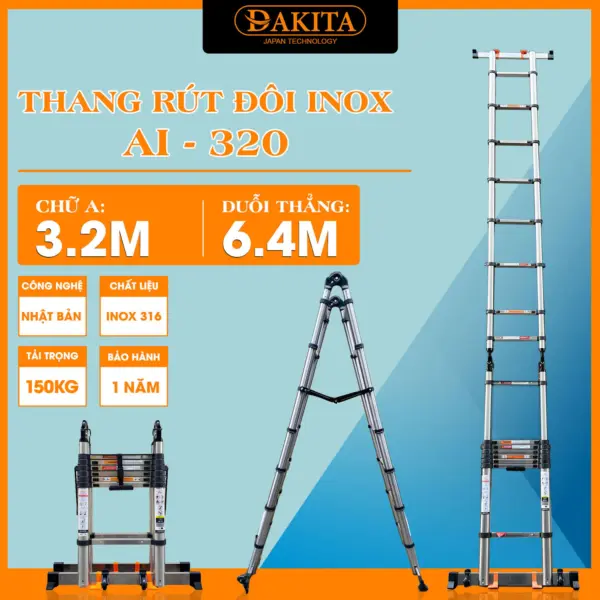 Thang Inox Rút Đôi DAKITA AI-320 [Chữ A : 3.2m Duỗi 6.4m]