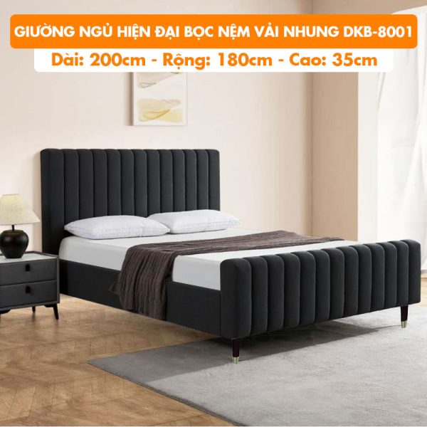 [Rộng 1.8m – Màu Đen] Giường Ngủ Hiện Đại Khung Gỗ Bọc Nệm Vải Nhung DKB-8001 Đen
