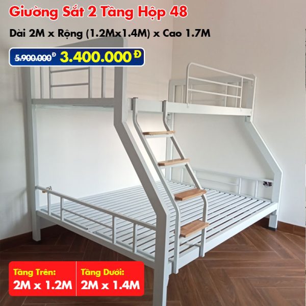 Giường Sắt Hai Tầng Hộp 48 Trên 1.2m Dưới 1.4m DAKITA Trắng Kem