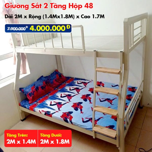 Giường Sắt Hai Tầng Hộp 48 Trên 1.4m Dưới 1.8m DAKITA Trắng Kem