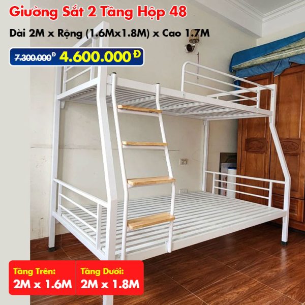 Giường Sắt Hai Tầng Hộp 48 Trên 1.6m Dưới 1.8m DAKITA Trắng Kem