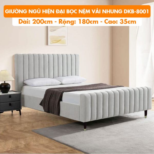 [Rộng 1.8m – Màu Xám Nhạt] Giường Ngủ Hiện Đại Khung Gỗ Bọc Nệm Vải Nhung DKB-8001 Xám Nhạt