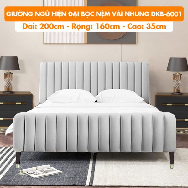 [Rộng 1.6m – Màu Xám Nhạt] Giường Ngủ Hiện Đại Khung Gỗ Bọc Nệm Vải Nhung DKB-6001 Xám Nhạt