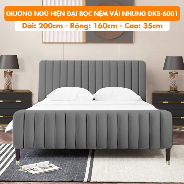 [Rộng 1.6m – Màu Xám Đậm] Giường Ngủ Hiện Đại Khung Gỗ Bọc Nệm Vải Nhung DKB-6001 Xám Đậm