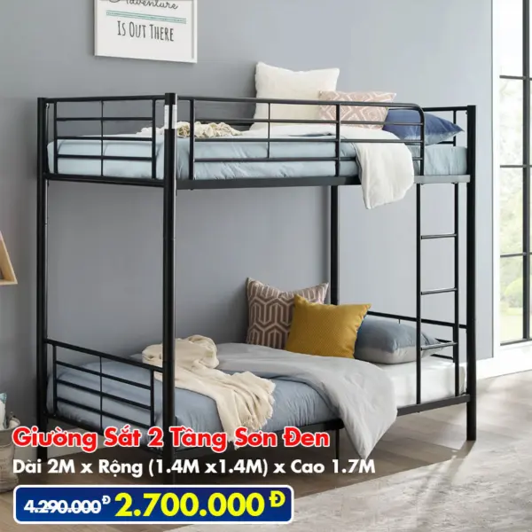 [Rộng 1.4m - Đen] Giường Sắt 2 Tầng Sơn Đen