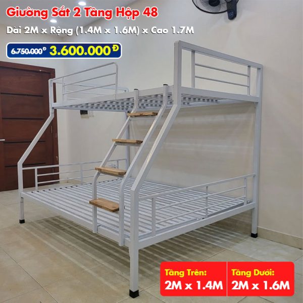 Giường Sắt Hai Tầng Hộp 48 Trên 1.4m Dưới 1.6m DAKITA Trắng Kem