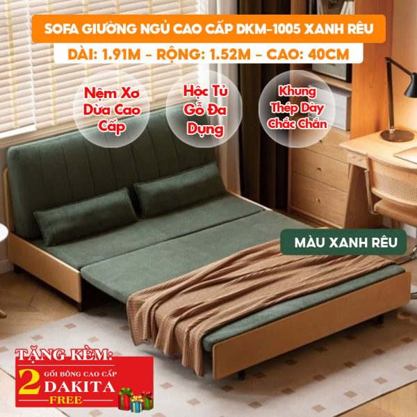 [Rộng 1.52m - Nệm Xơ Dừa] Sofa Giường DAKITA DKM-1005- Xanh Rêu - Hộc Tủ Gỗ