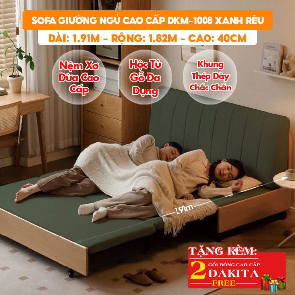 [Rộng 1.82m - Nệm Xơ Dừa] Sofa Giường DAKITA DKM-1008- Xanh Rêu - Hộc Tủ Gỗ