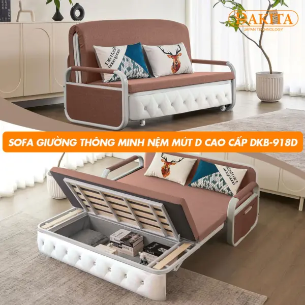 [Rộng 1.88m - Nệm Mút D Cao Cấp] Sofa Giường DAKITA DKB-918D - Nâu - Hộc Tủ Gỗ