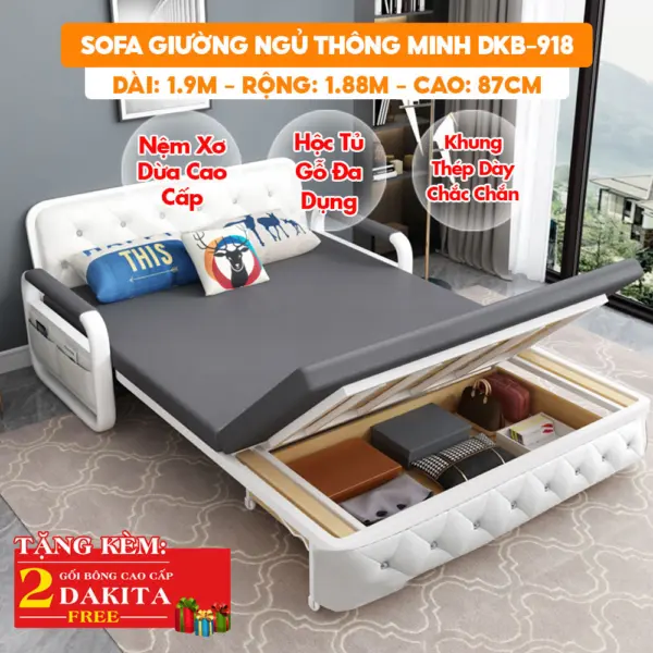 [Rộng 1.88m - Nệm Xơ Dừa] Sofa Giường DAKITA DKB-918 – Rộng 1.8m – Hộc Tủ Gỗ – Nệm Xơ Dừa - Màu Xanh Thiên Thanh