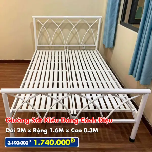 [Rộng 1.6m] Giường Sắt Kiểu Cách Điệu DAKITA Trắng Kem