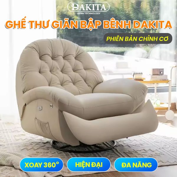 [Màu Kem] Ghế Thư Giãn Bập Bênh Xoay DAKITA Phiên Bản Chỉnh Cơ