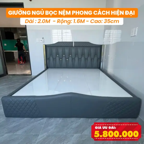 [Rộng 1.6m - Màu Xám Đậm] Giường Ngủ Bọc Nệm DAKITA Phong Cách Hiện Đại