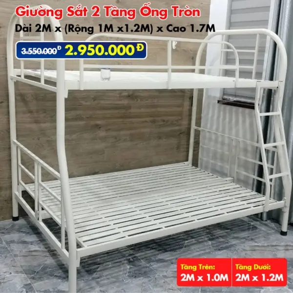 Giường Sắt Hai Tầng Ống Tròn Trên 1m Dưới 1m2 DAKITA Trắng