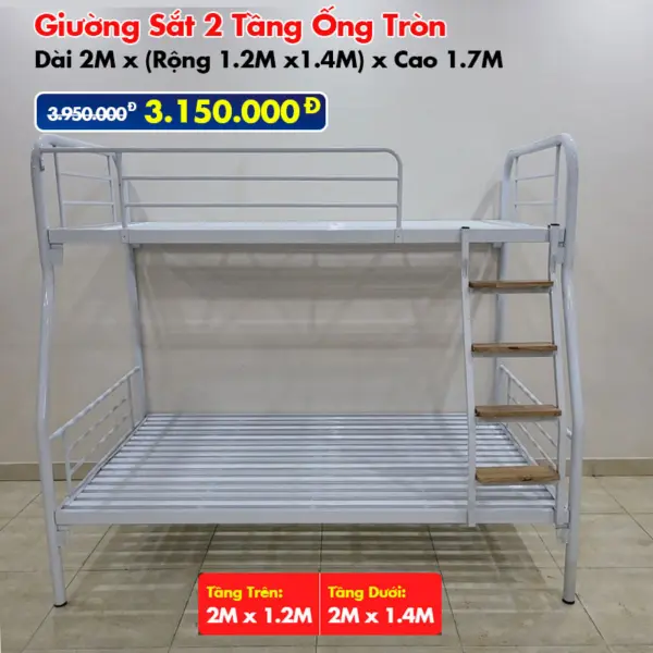 Giường Sắt Hai Tầng Ống Tròn Trên 1m2 Dưới 1m4 DAKITA Trắng