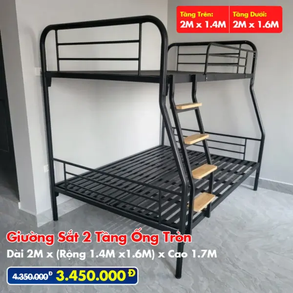 Giường Sắt Hai Tầng Ống Tròn Trên 1m4 Dưới 1m6 DAKITA Đen
