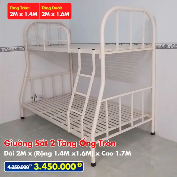 Giường Sắt Hai Tầng Ống Tròn Trên 1m4 Dưới 1m6 DAKITA Trắng