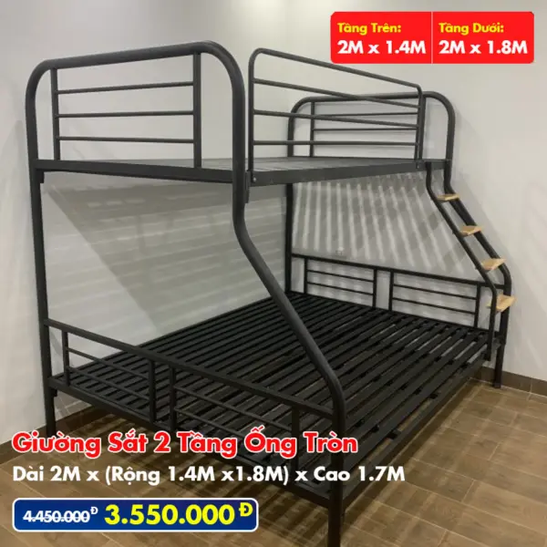 Giường Sắt Hai Tầng Ống Tròn Trên 1m4 Dưới 1m8 DAKITA Đen