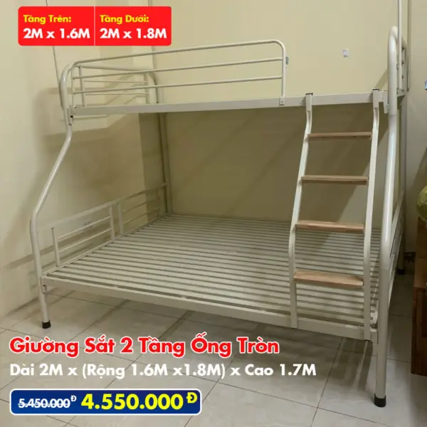 Giường Sắt Hai Tầng Ống Tròn Trên 1m6 Dưới 1m8 DAKITA Trắng