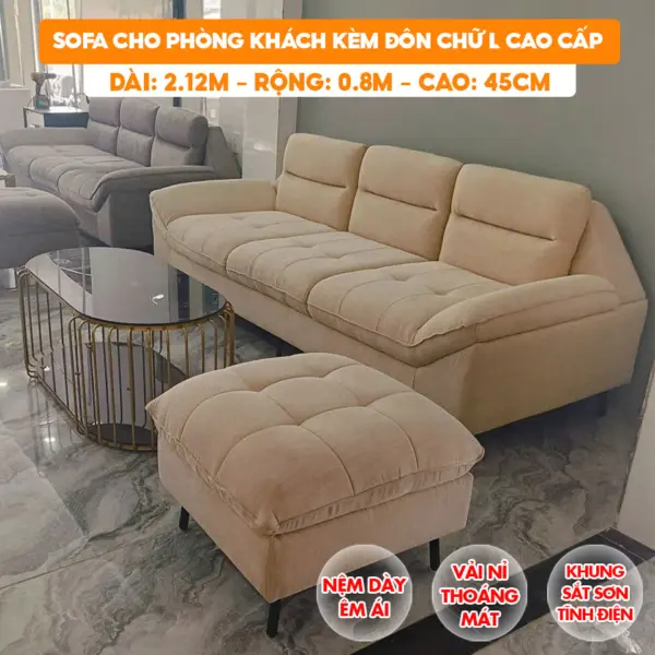 [Màu Kem] Sofa Cho Phòng Khách Kèm Đôn Chữ L Nệm Dày Êm Cao Cấp