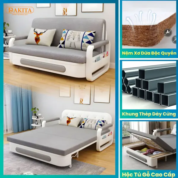 [Nệm Xơ Dừa Cao Cấp + Hộc Tủ Gỗ + Thép Tốt ] Sofa Kéo Thành Giường Thông Minh Nhập Khẩu Cao Cấp Thương Hiệu DAKITA