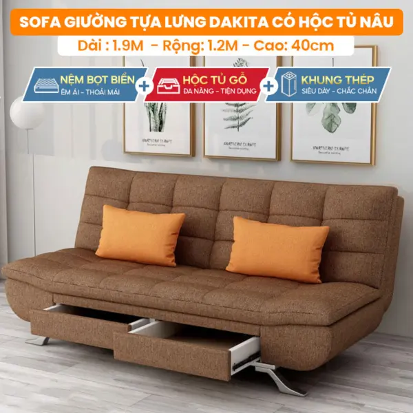 [Nệm Dày - Hộc Tủ Gỗ - Chân Thép Dày] Sofa Giường Cao Cấp Nệm Dày DAKITA Màu Nâu