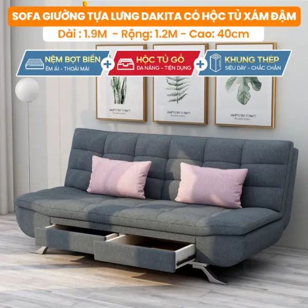 [Nệm Dày - Hộc Tủ Gỗ - Chân Thép Dày] Sofa Giường Cao Cấp Nệm Dày DAKITA Màu Xám Đậm