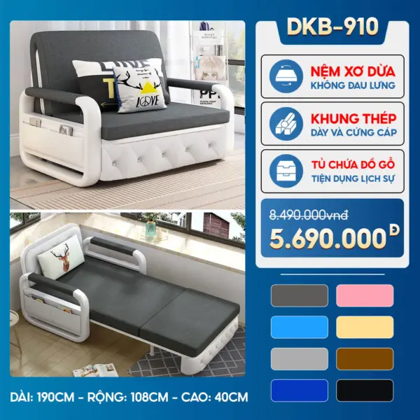 Sofa Giường DAKITA DKB-910- Rộng 1m - Nệm Xơ Dừa Không Lún - Hộc Tủ Gỗ