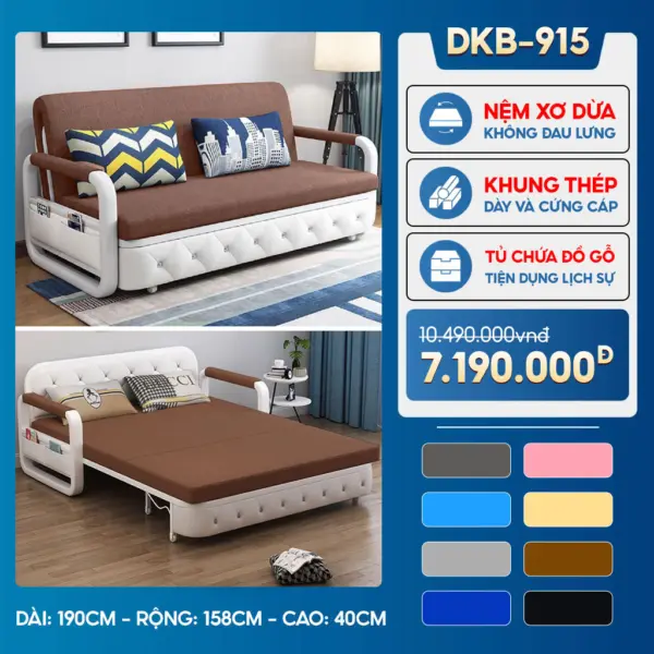 Sofa Giường DAKITA DKB-915 - Rộng 1.5m - Hộc Tủ Gỗ - Nệm Xơ Dừa