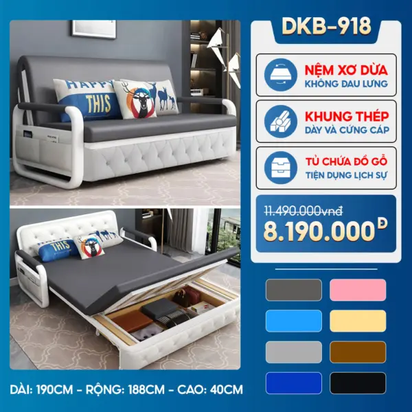 Sofa Giường DAKITA DKB-918 – Rộng 1.8m – Hộc Tủ Gỗ – Nệm Xơ Dừa