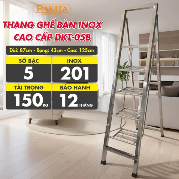 [5 Bậc - Khung Inox] THANG GHẾ BÀN INOX CAO CẤP DAKITA DKT-05B