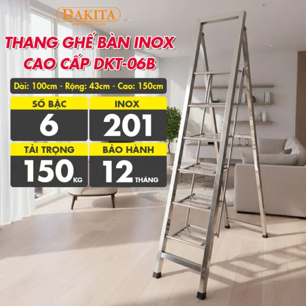 [6 Bậc - Khung Inox] THANG GHẾ BÀN INOX CAO CẤP DAKITA DKT-06B
