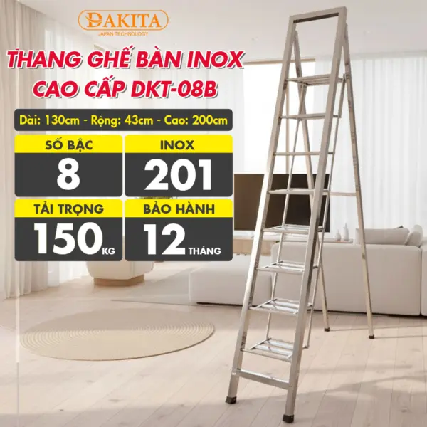 [8 Bậc - Khung Inox] THANG GHẾ BÀN INOX CAO CẤP DAKITA DKT-08B